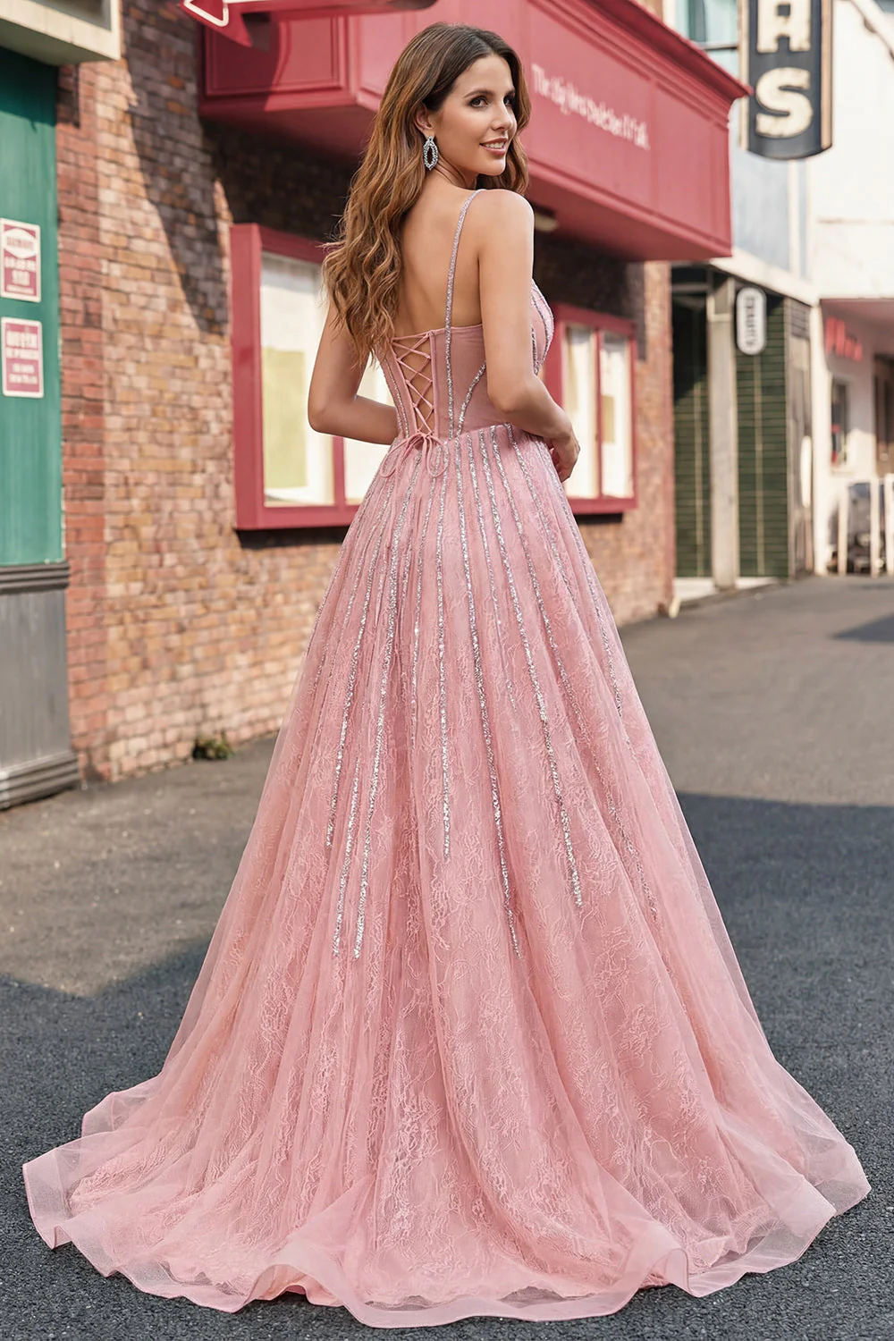 Sparkly Blush Mermaid Spaghetti Straps Long Prom Dress with Cape - Image 2