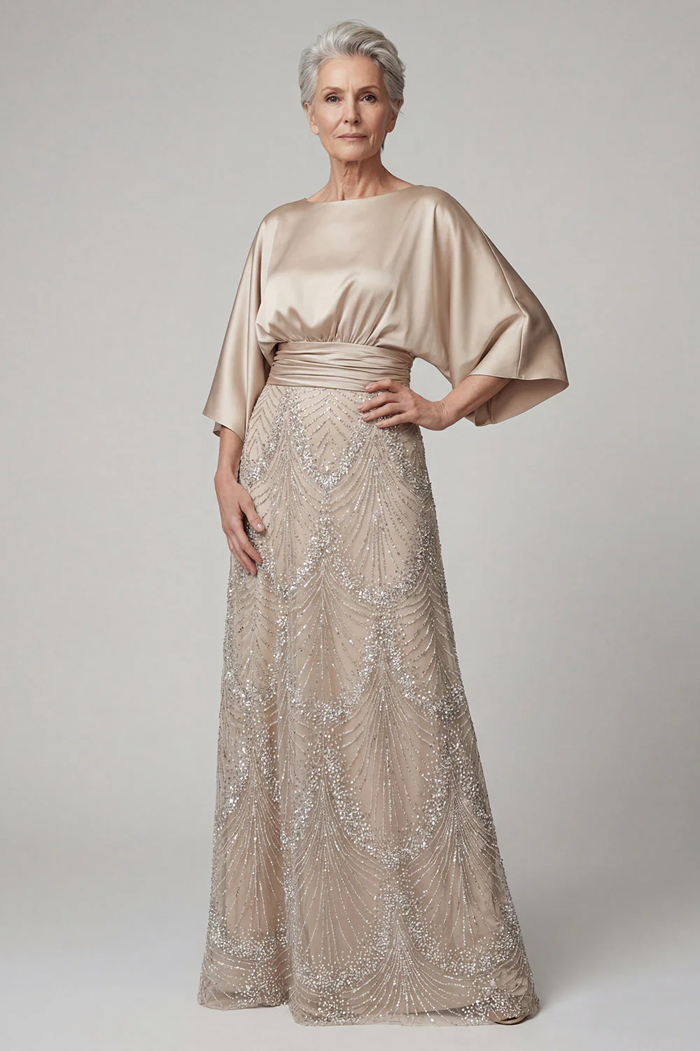 Sparkly Champagne A Line Beaded Long Mother of the Bride Dress with Sequins
