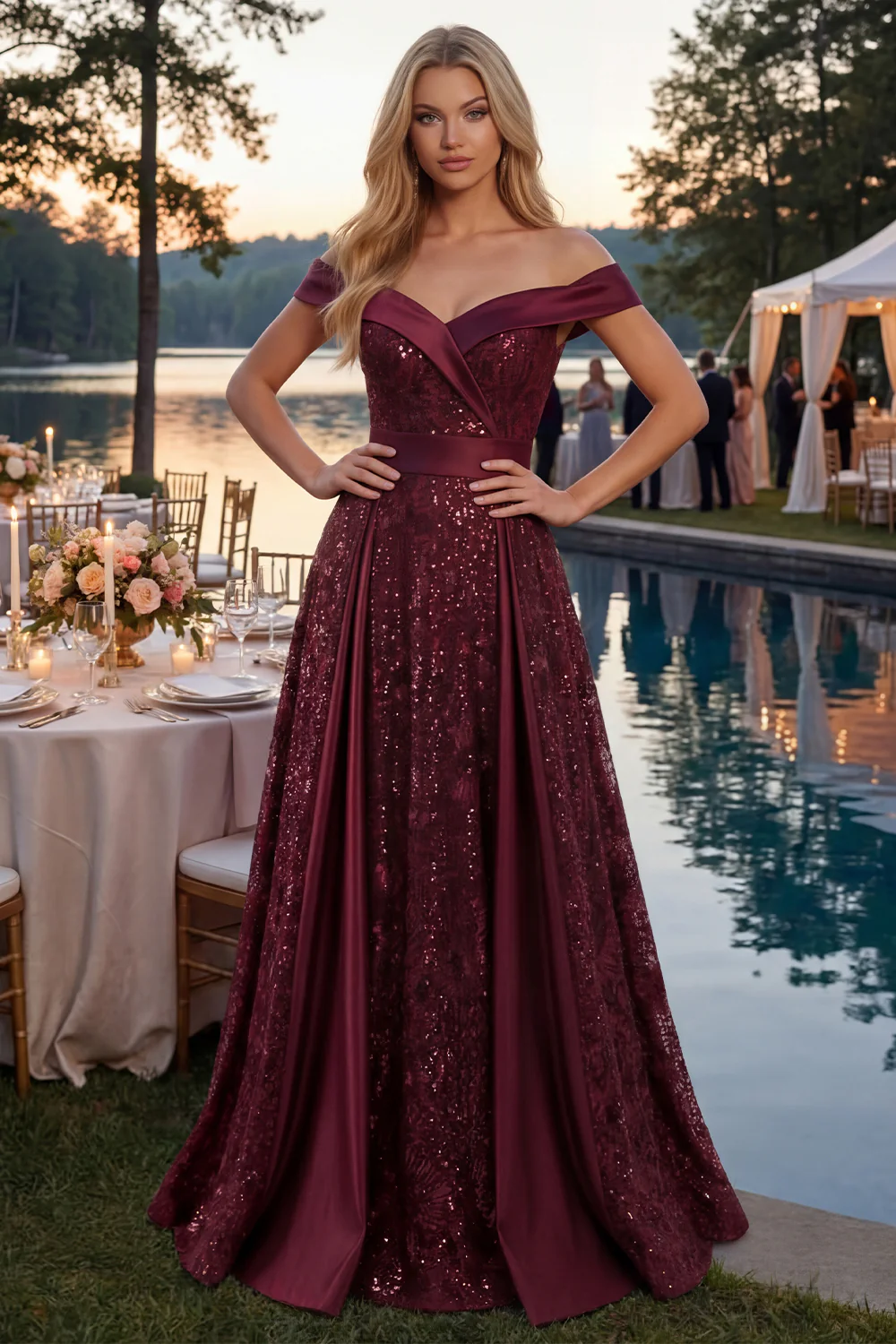 Sparkly Burgundy A Line Off The Shoulder Long Prom Dress with Sequins
