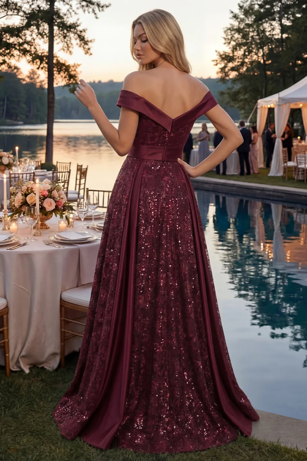 Sparkly Burgundy A Line Off The Shoulder Long Prom Dress with Sequins - Image 2