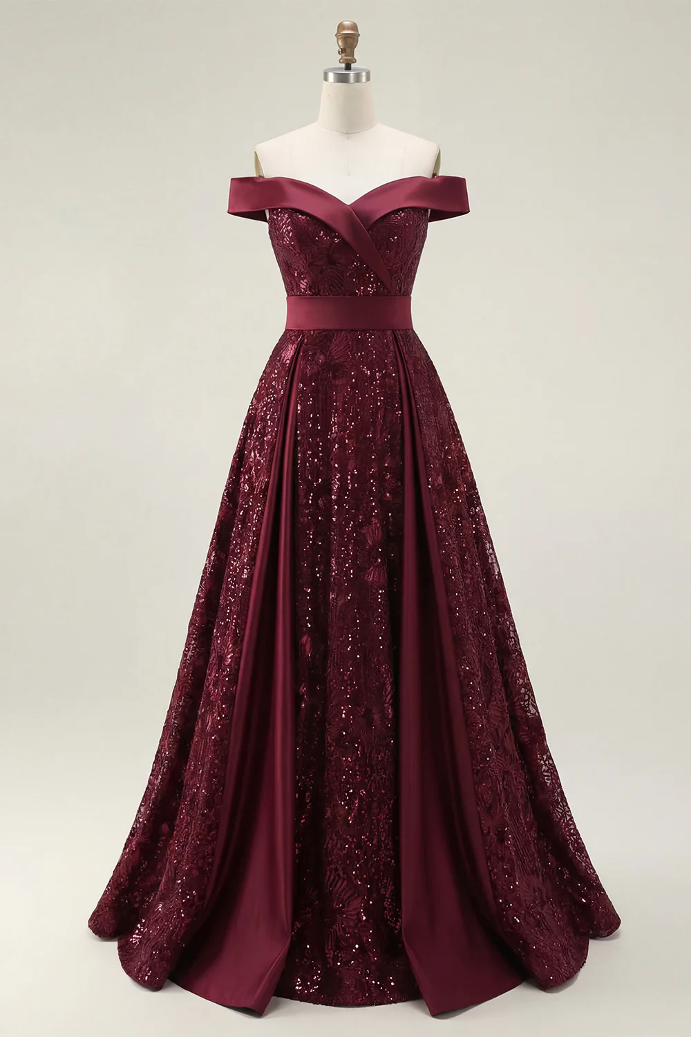 Sparkly Burgundy A Line Off The Shoulder Long Prom Dress with Sequins - Image 3