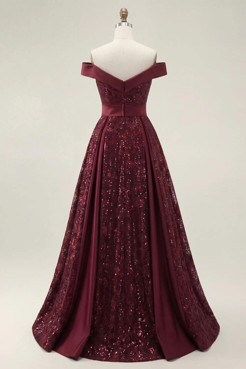 Sparkly Burgundy A Line Off The Shoulder Long Prom Dress with Sequins - Image 4