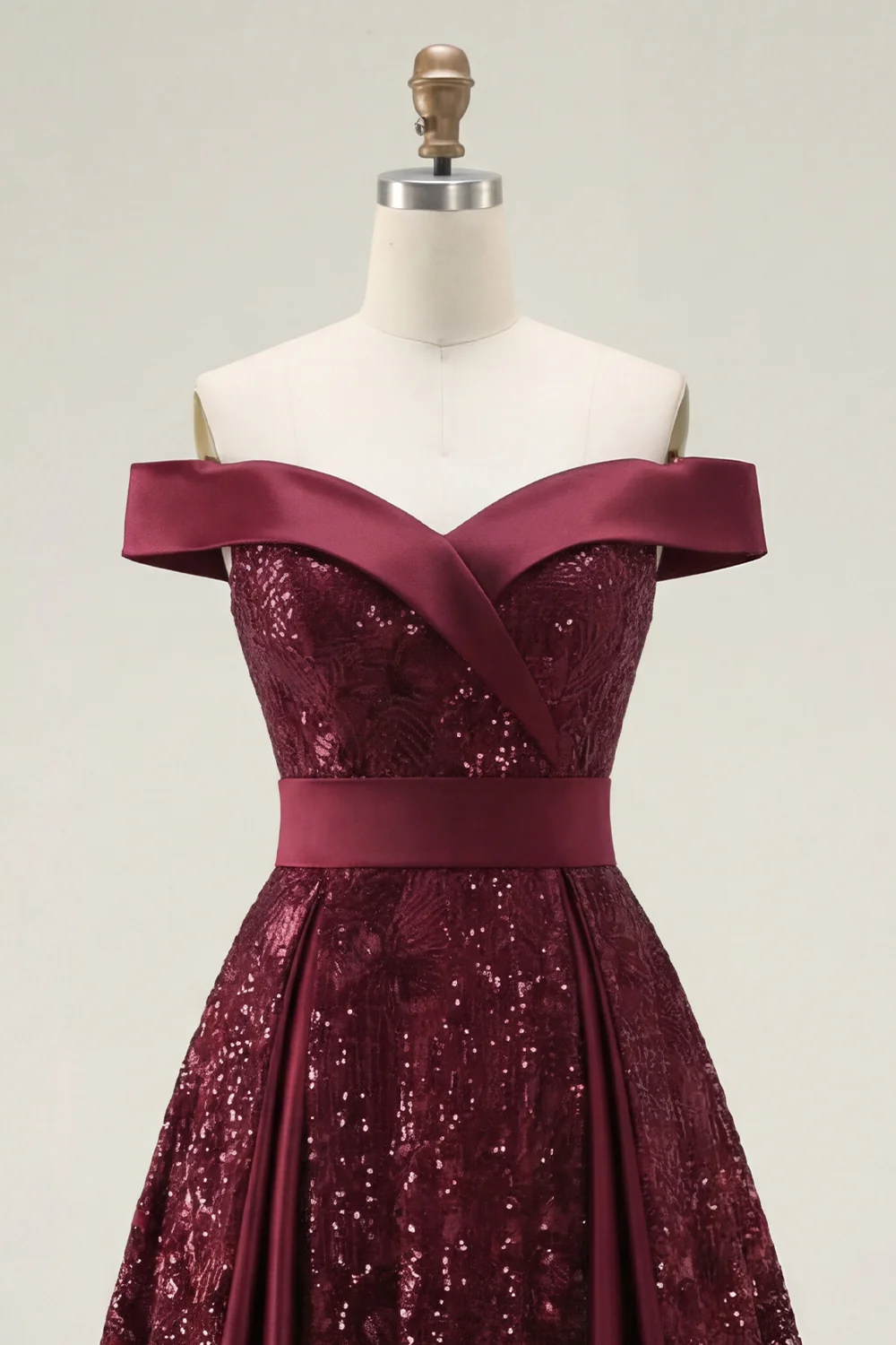 Sparkly Burgundy A Line Off The Shoulder Long Prom Dress with Sequins - Image 5