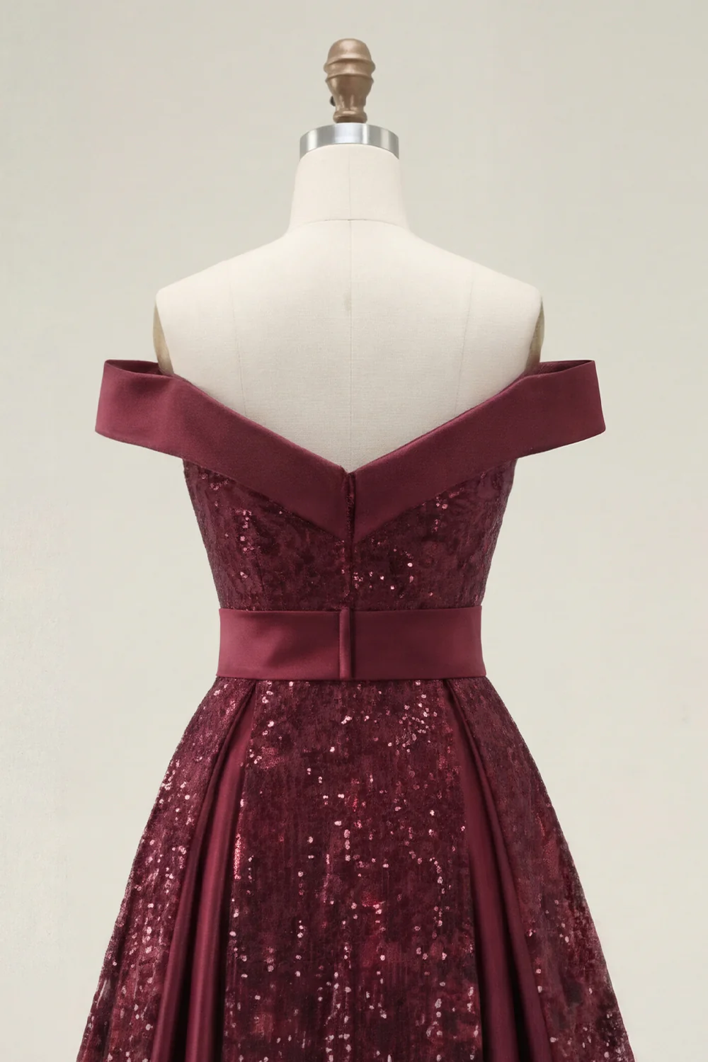 Sparkly Burgundy A Line Off The Shoulder Long Prom Dress with Sequins - Image 6