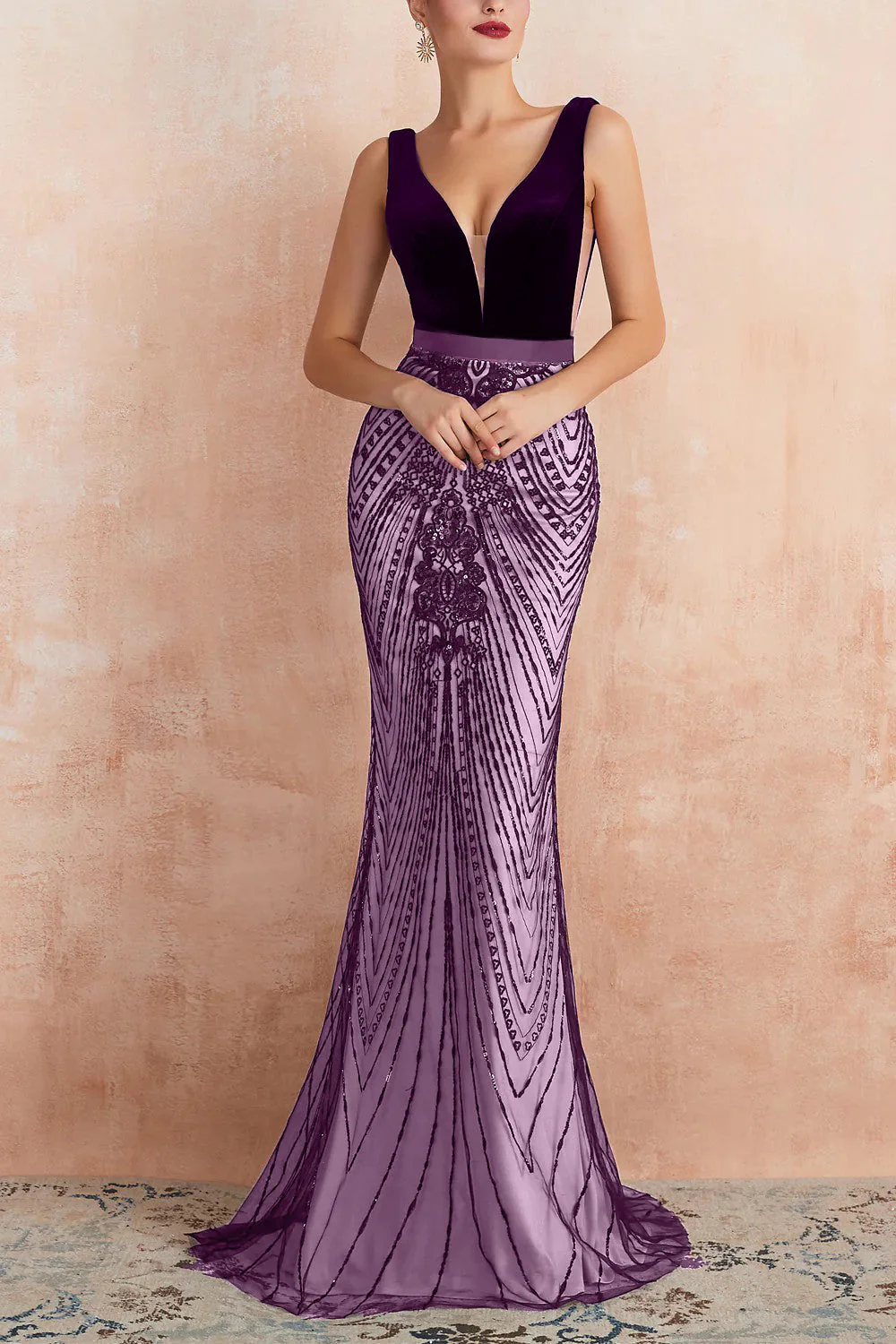Sparkly Burgundy Mermaid Deep V Neck Long Prom Dress with Open Back - Image 13