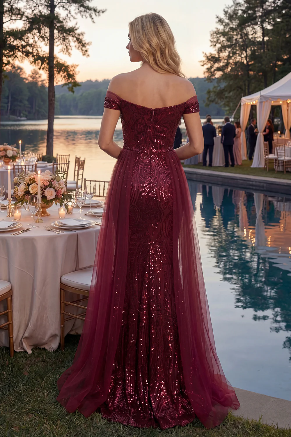 Sparkly Burgundy Mermaid Off The Shoulder Long Prom Dress with Sequins - Image 2