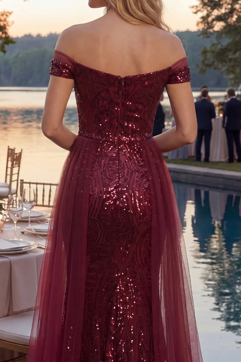 Sparkly Burgundy Mermaid Off The Shoulder Long Prom Dress with Sequins - Image 4