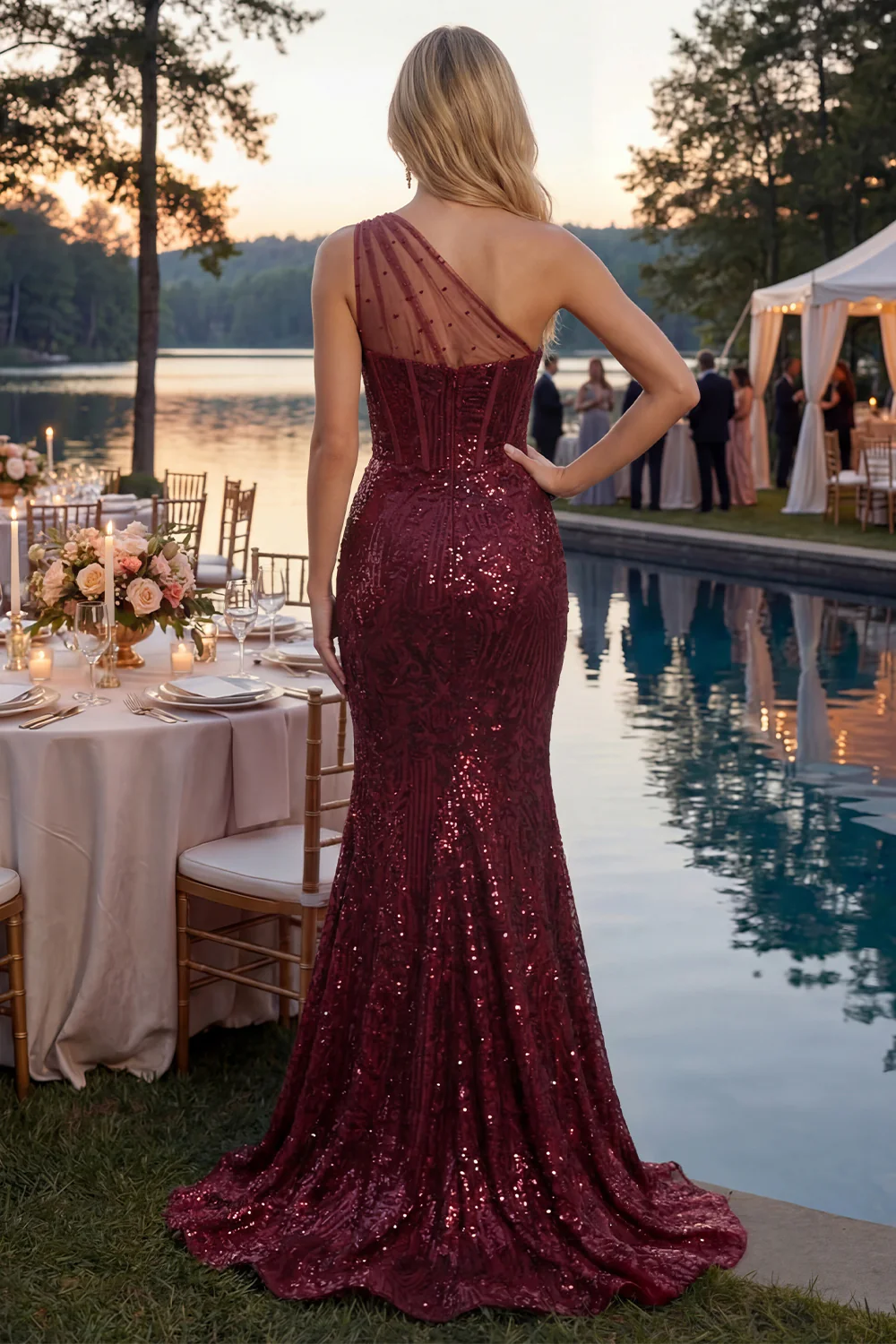 Sparkly Burgundy Mermaid One Shoulder Corset Sequin Prom Dress with Slit - Image 2
