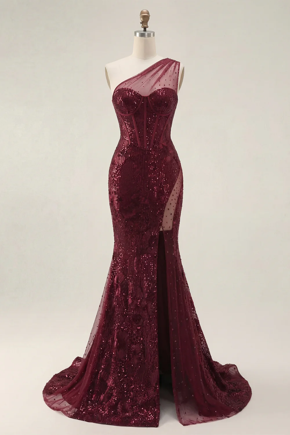 Sparkly Burgundy Mermaid One Shoulder Corset Sequin Prom Dress with Slit - Image 3