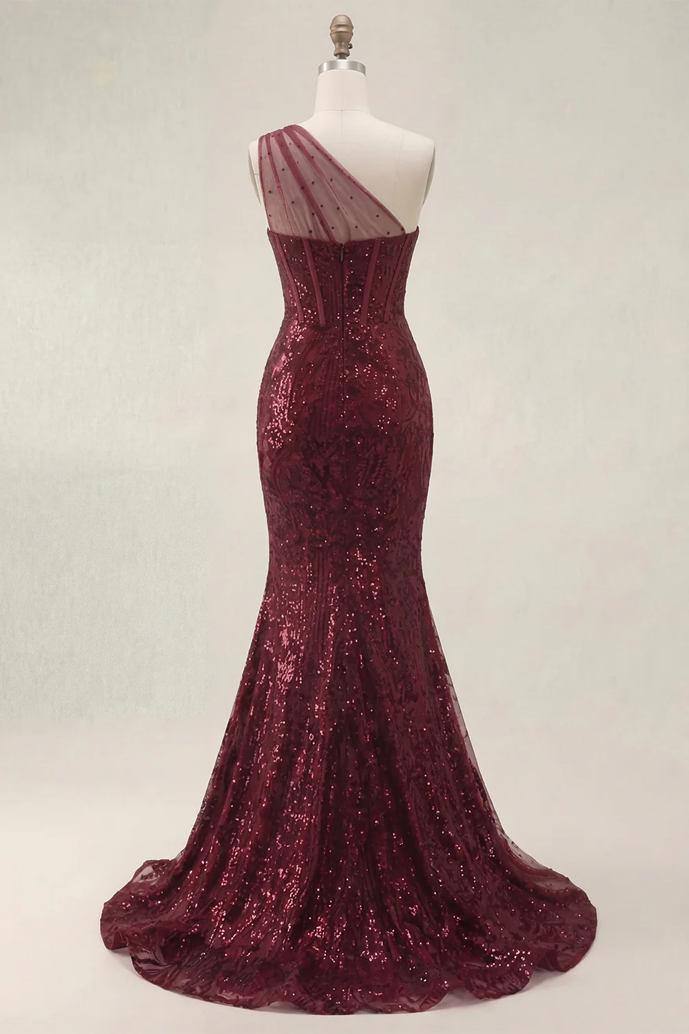 Sparkly Burgundy Mermaid One Shoulder Corset Sequin Prom Dress with Slit - Image 4