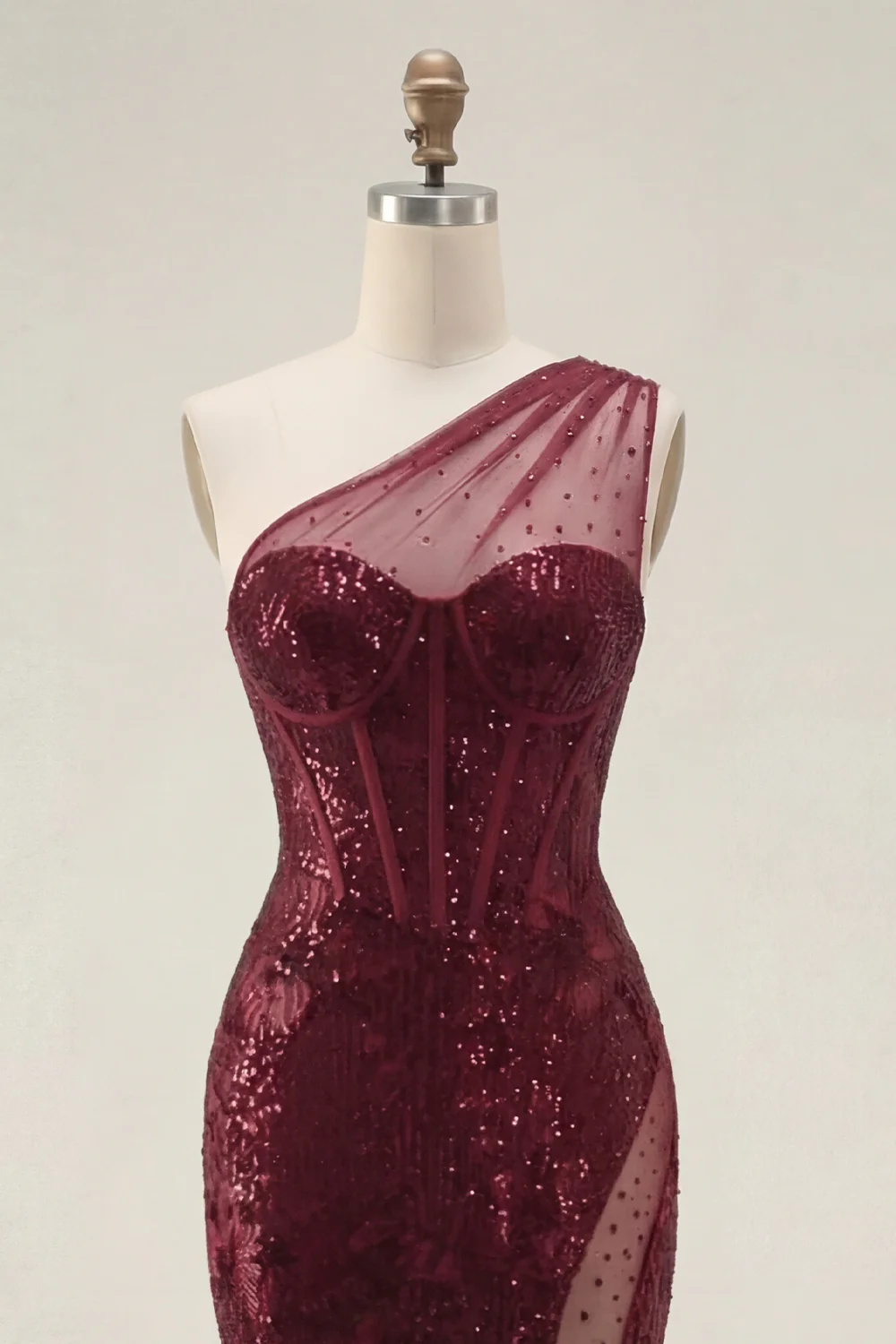 Sparkly Burgundy Mermaid One Shoulder Corset Sequin Prom Dress with Slit - Image 5