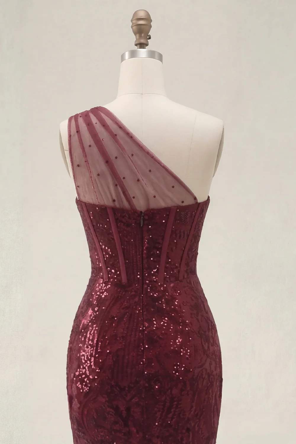 Sparkly Burgundy Mermaid One Shoulder Corset Sequin Prom Dress with Slit - Image 6