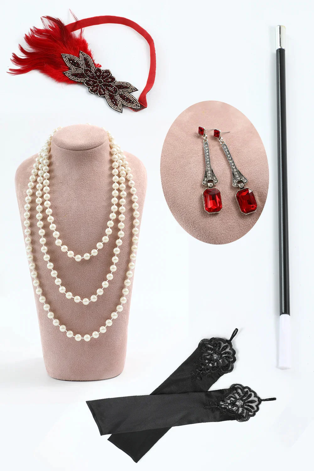 Sparkly Burgundy Sequins Fringe 1920s Flapper Dress with Accessories Set - Image 5