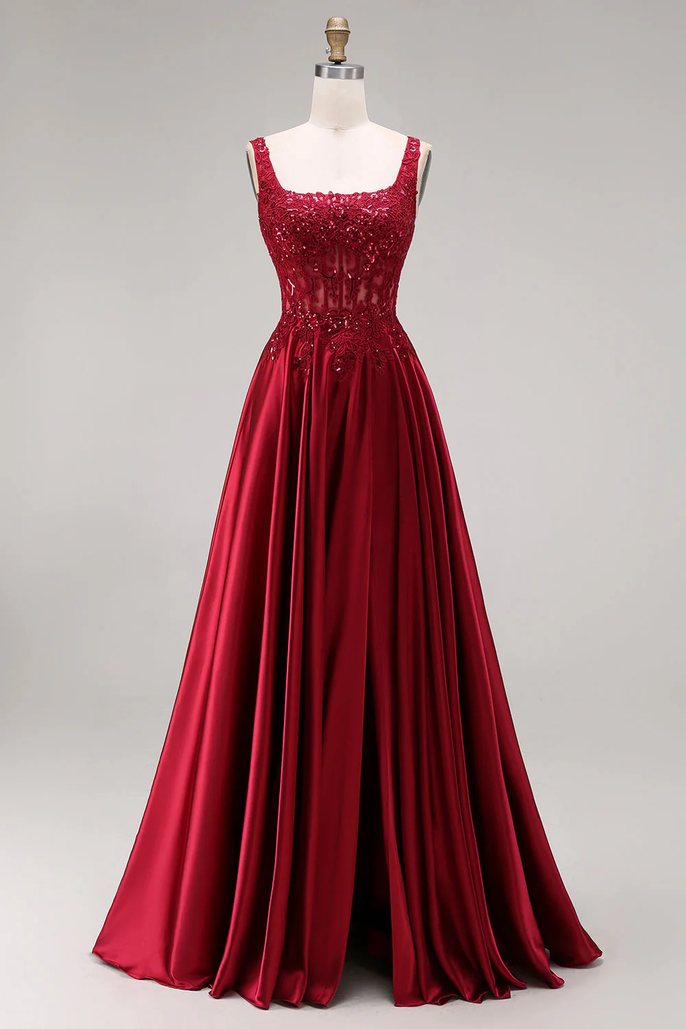 Burgundy Corset A-Line Square Neck Long Prom Dress with Beading