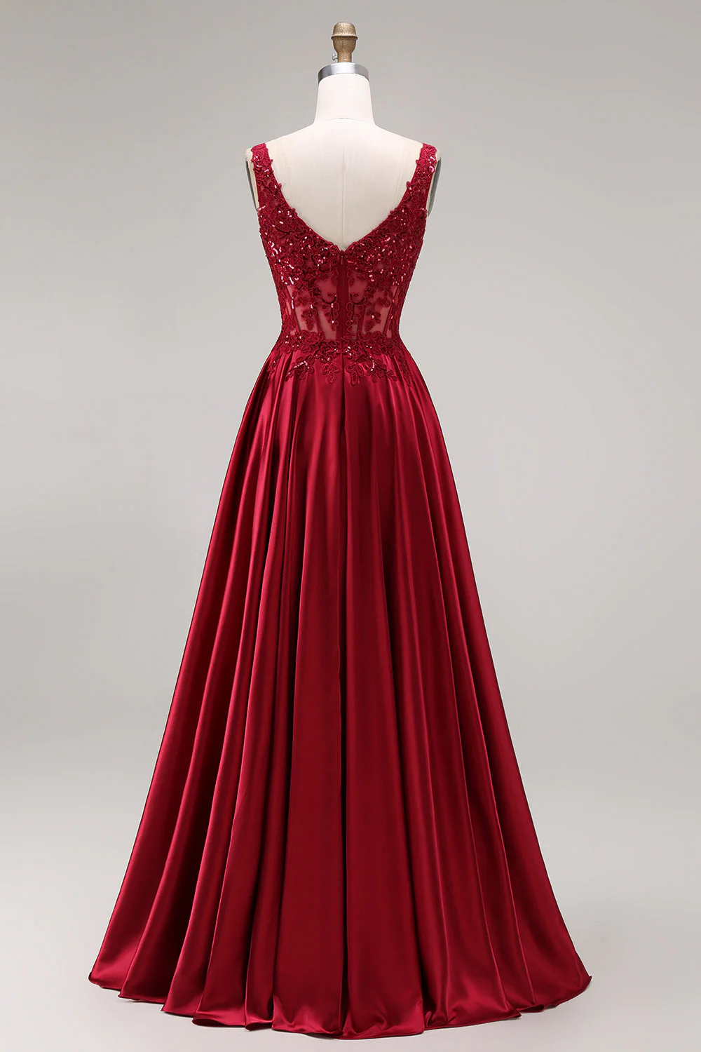 Burgundy Corset A-Line Square Neck Long Prom Dress with Beading - Image 2