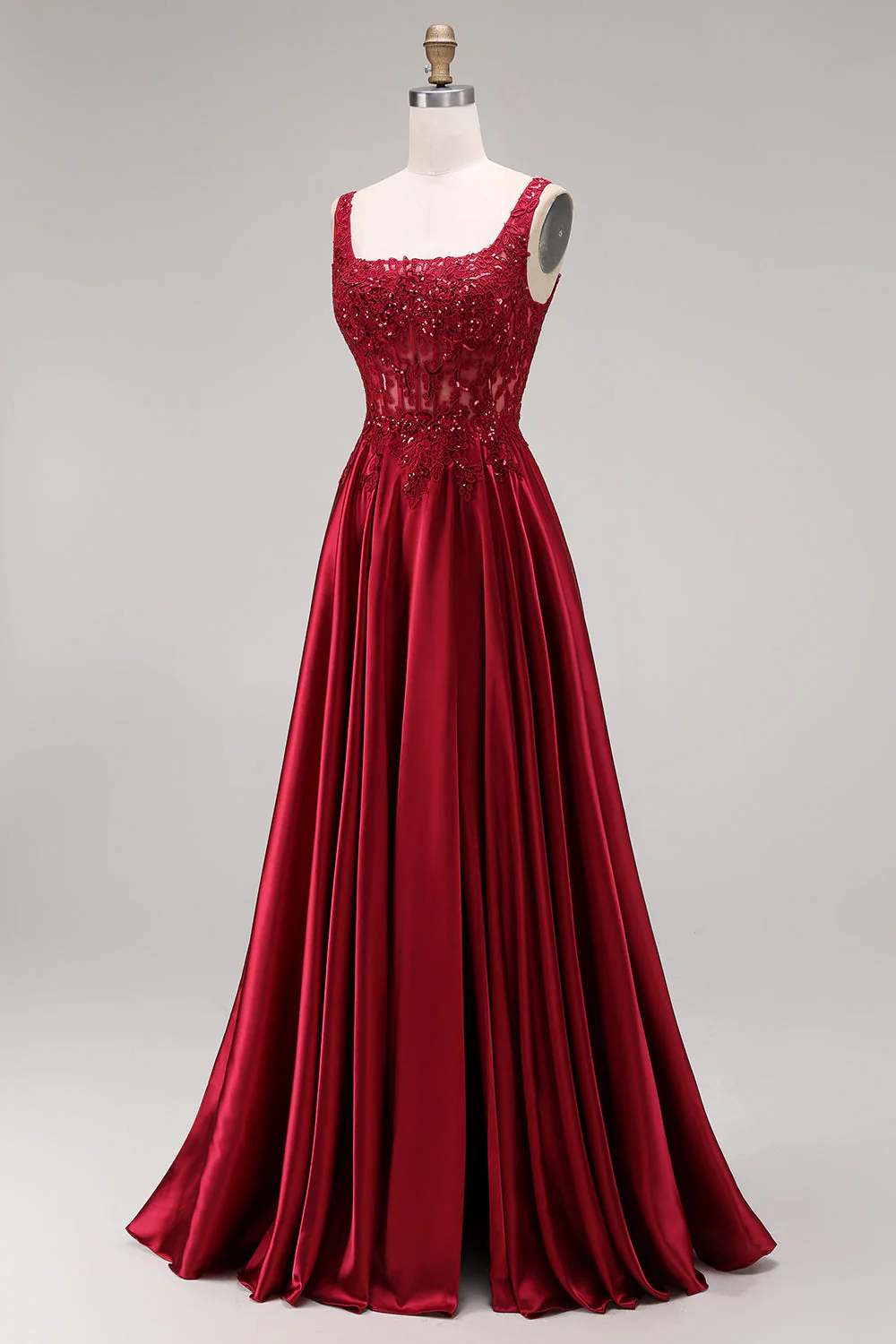 Burgundy Corset A-Line Square Neck Long Prom Dress with Beading - Image 3