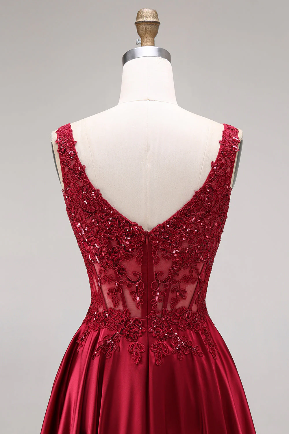Burgundy Corset A-Line Square Neck Long Prom Dress with Beading - Image 5