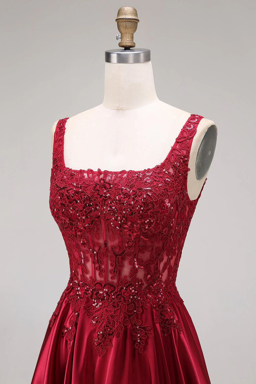 Burgundy Corset A-Line Square Neck Long Prom Dress with Beading - Image 6