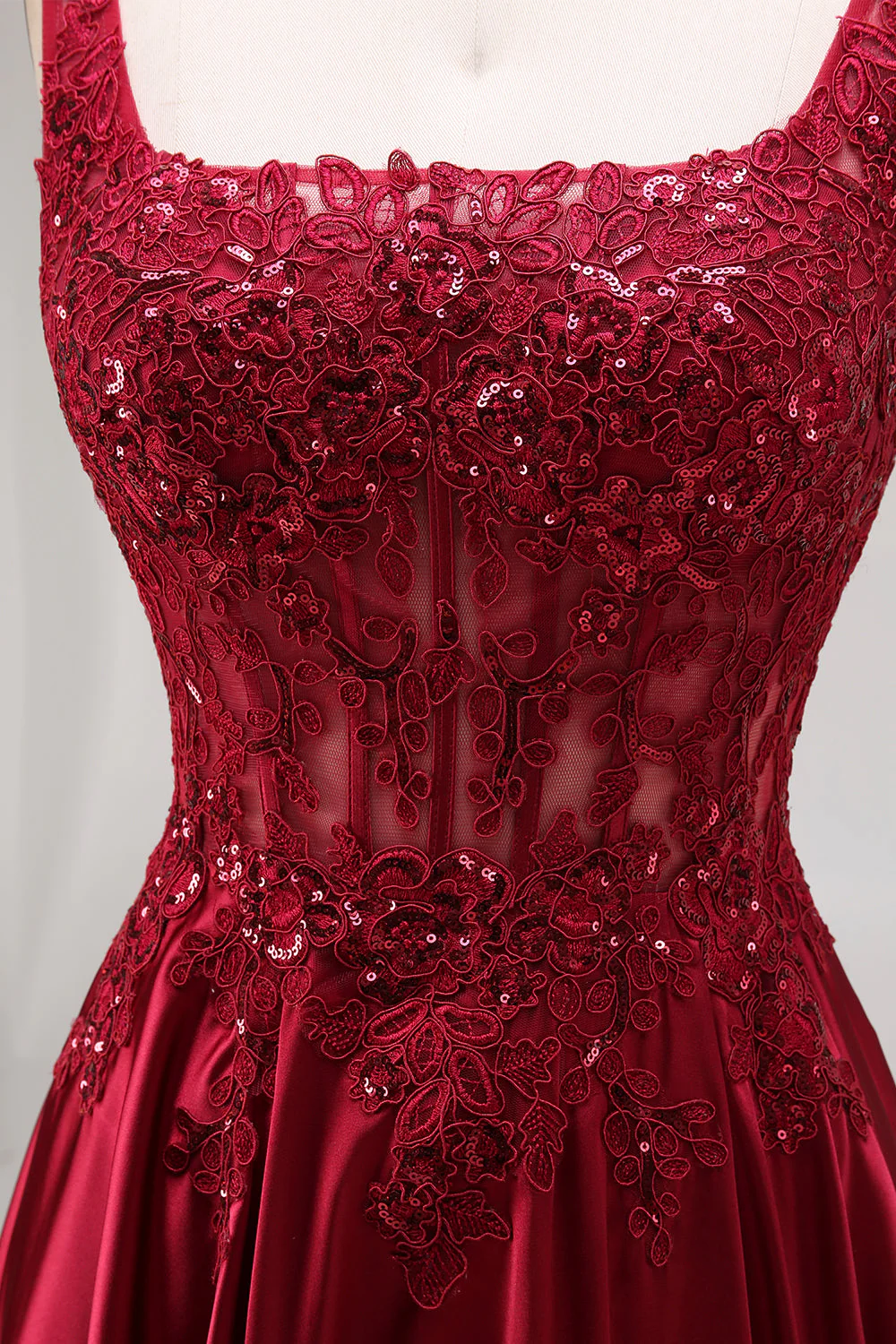 Burgundy Corset A-Line Square Neck Long Prom Dress with Beading - Image 7