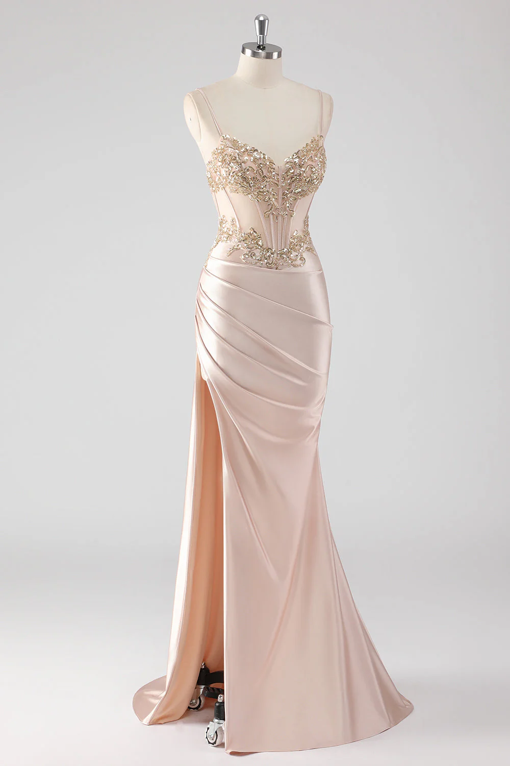 Sparkly Champagne Corset Appliques Prom Dress with Slit - Image 3