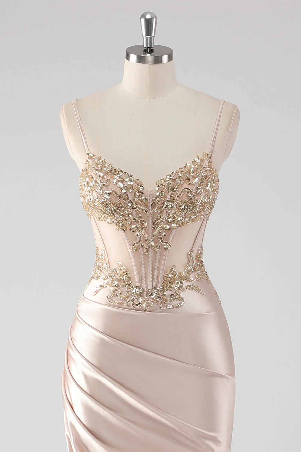 Sparkly Champagne Corset Appliques Prom Dress with Slit - Image 4