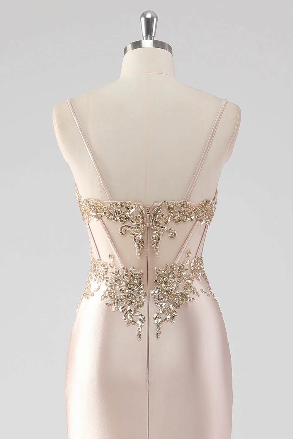 Sparkly Champagne Corset Appliques Prom Dress with Slit - Image 5