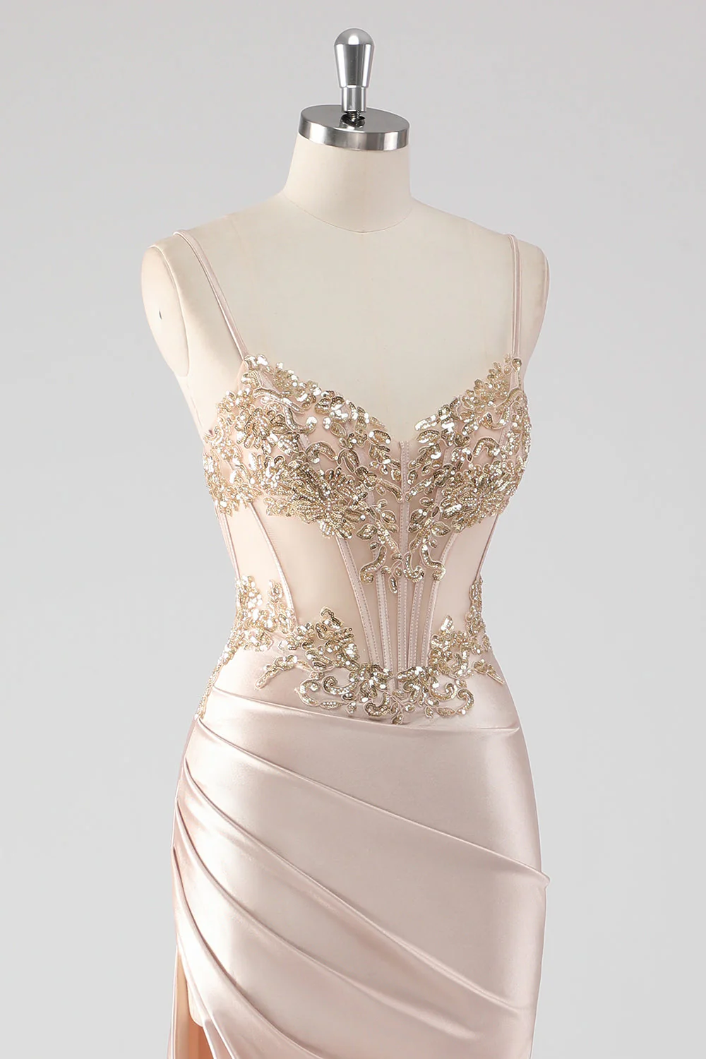 Sparkly Champagne Corset Appliques Prom Dress with Slit - Image 6