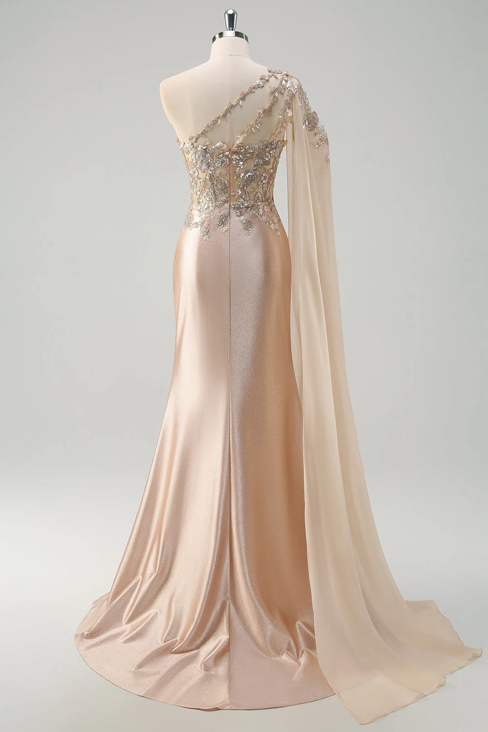 Sparkly Champagne Mermaid One Shoulder Sequin Long Prom Dress with Slit - Image 2