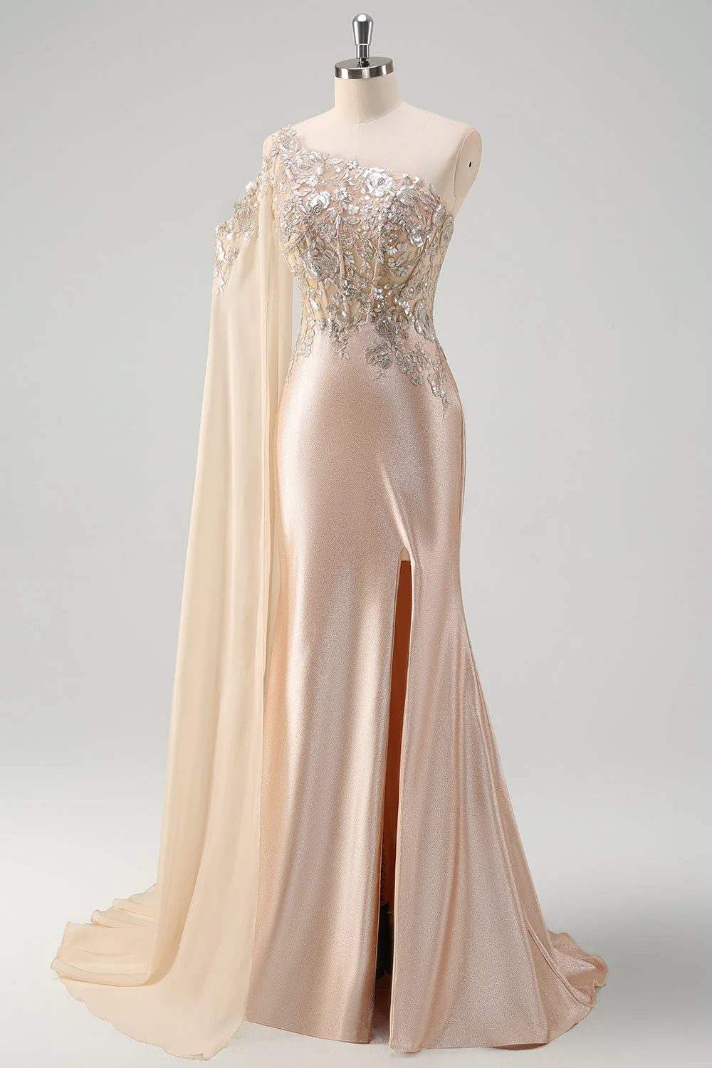 Sparkly Champagne Mermaid One Shoulder Sequin Long Prom Dress with Slit - Image 3