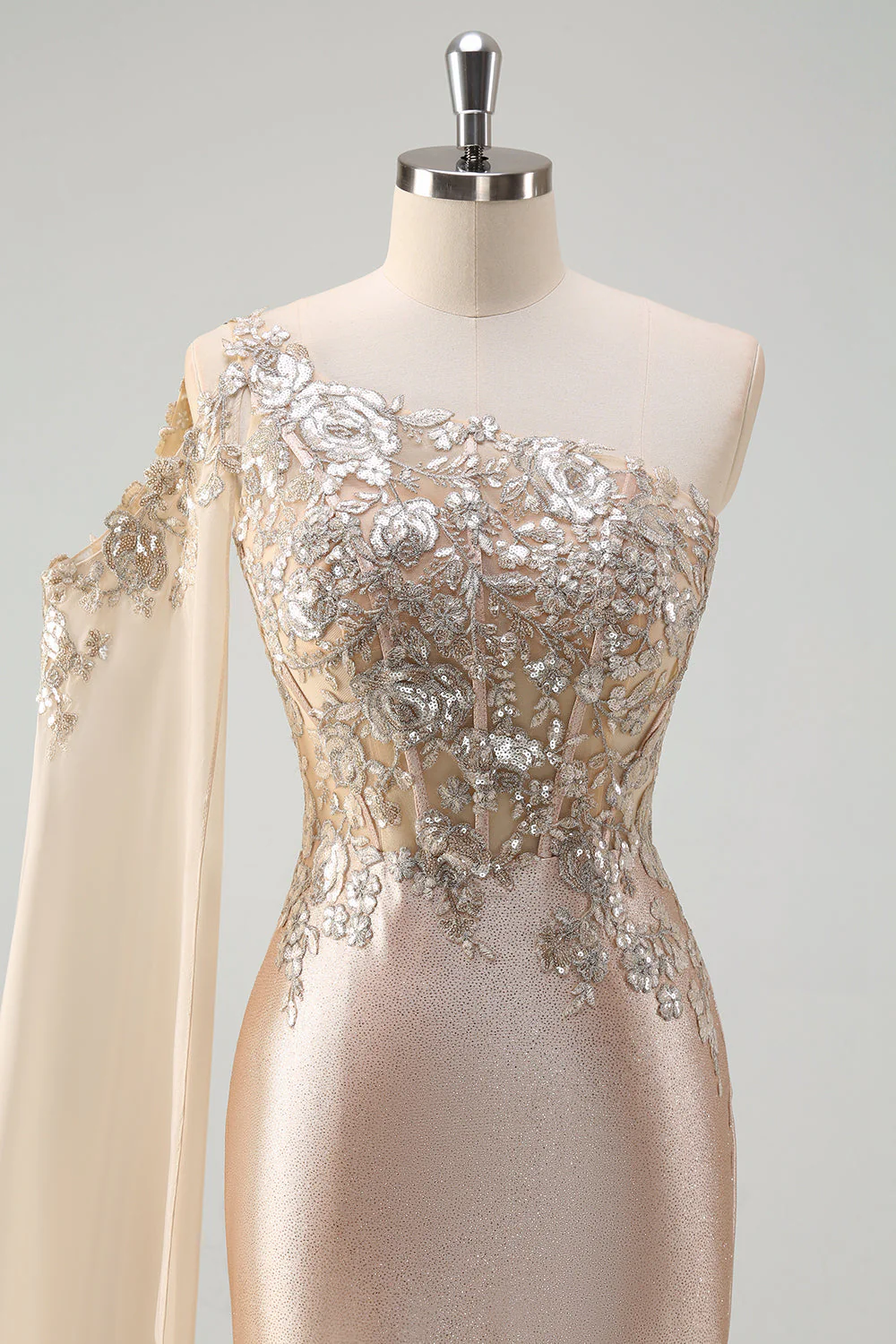 Sparkly Champagne Mermaid One Shoulder Sequin Long Prom Dress with Slit - Image 4