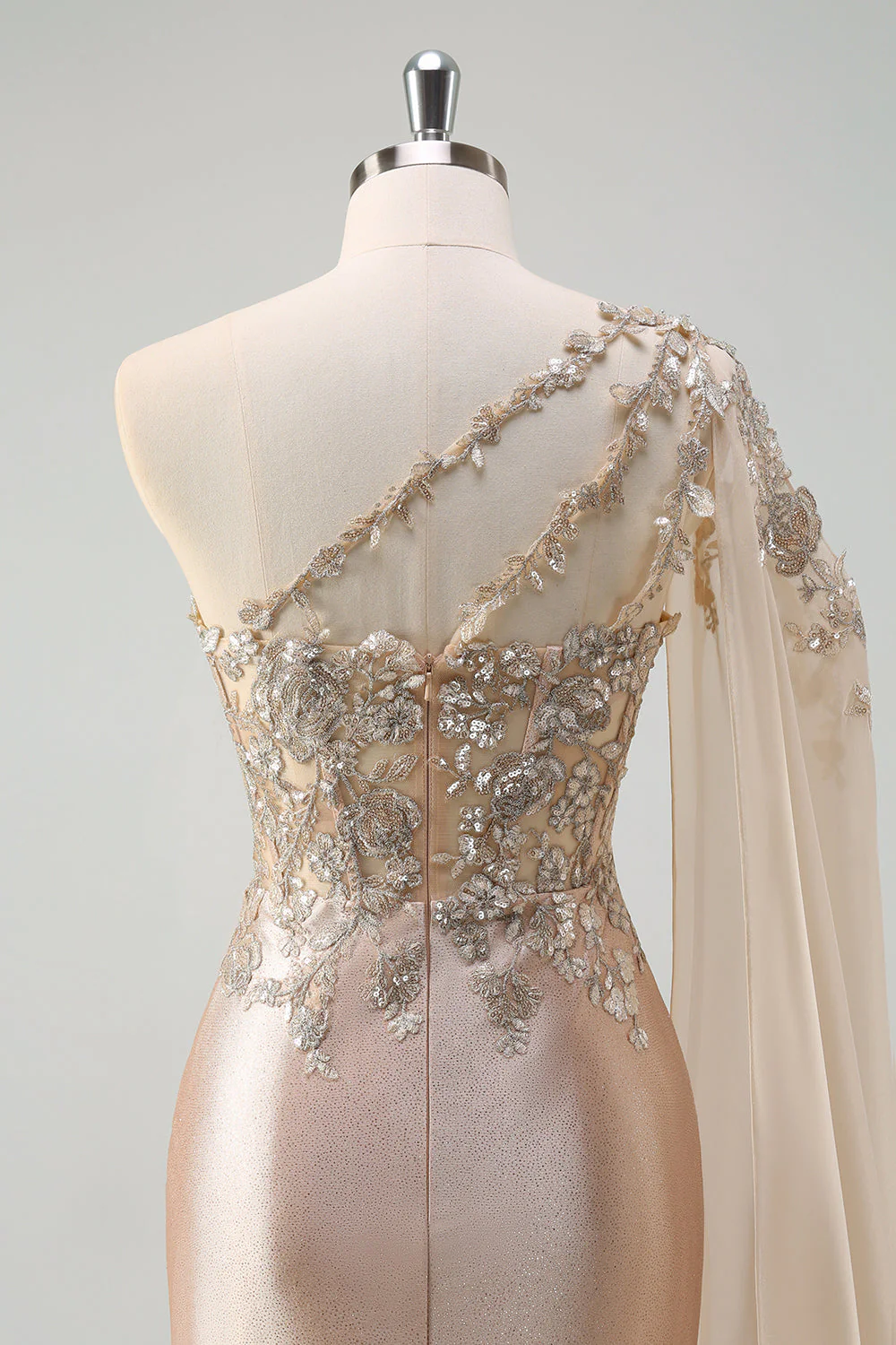 Sparkly Champagne Mermaid One Shoulder Sequin Long Prom Dress with Slit - Image 5