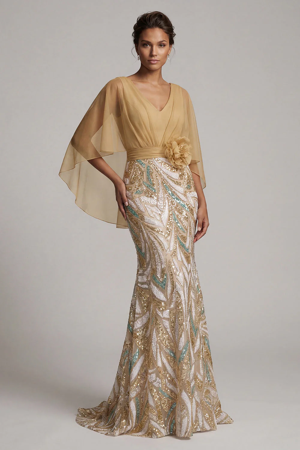 Sparkly Champagne Mermaid Sequin Long Mother Of the Bride Dress with Cape