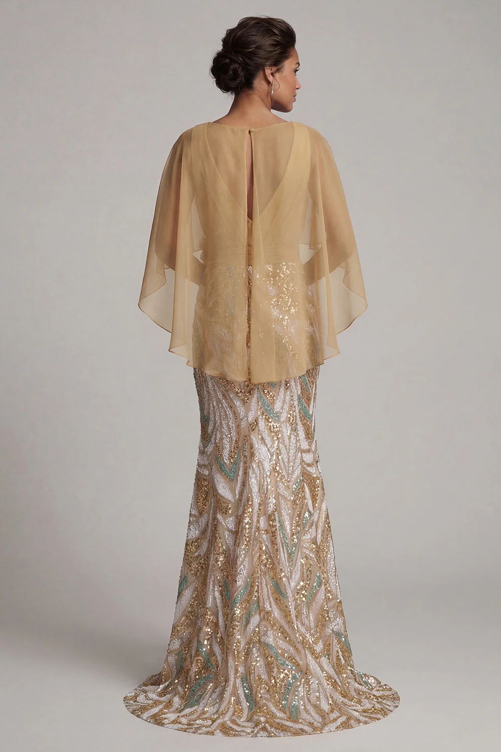 Sparkly Champagne Mermaid Sequin Long Mother Of the Bride Dress with Cape - Image 2