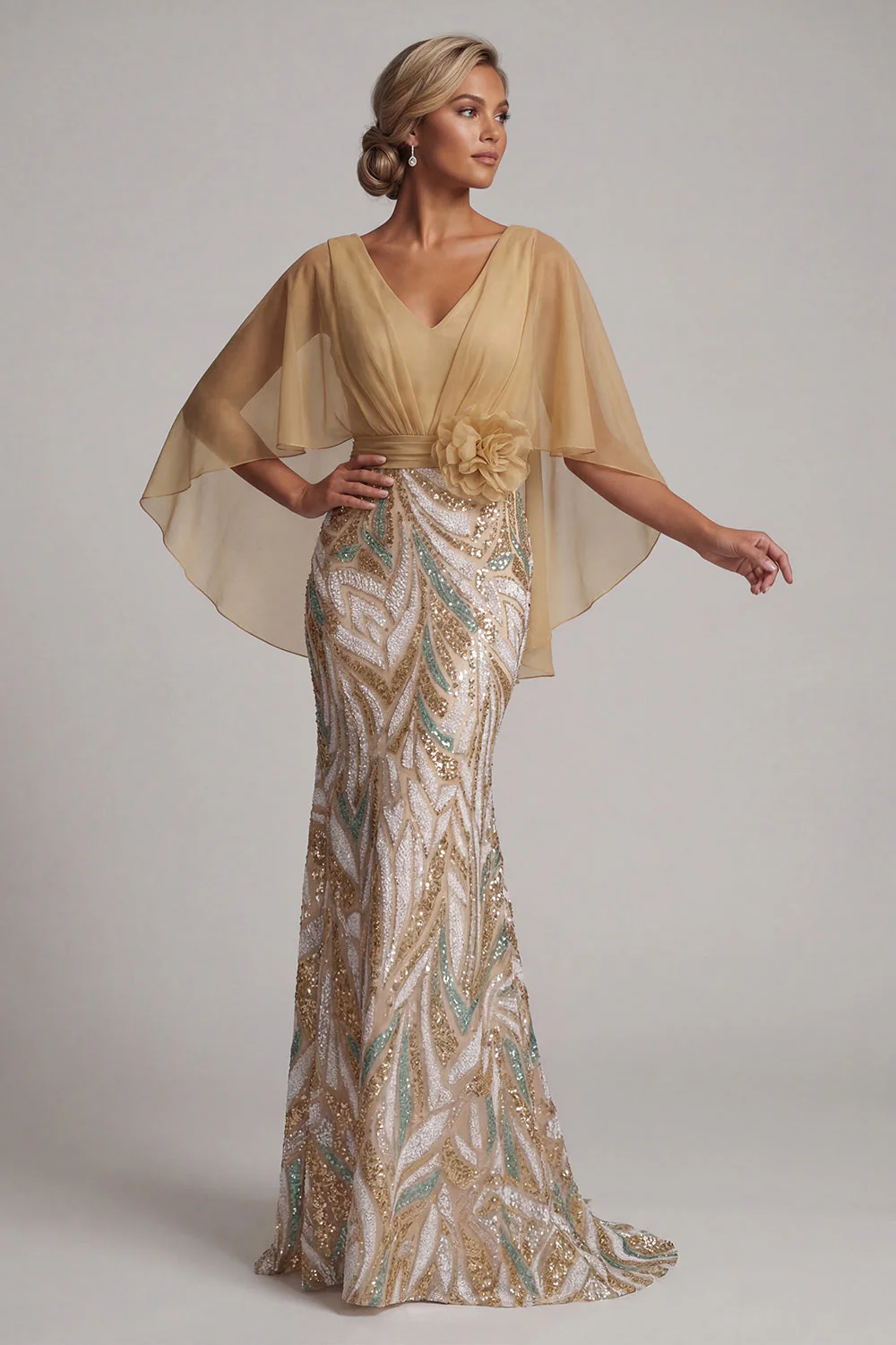 Sparkly Champagne Mermaid Sequin Long Mother Of the Bride Dress with Cape - Image 3