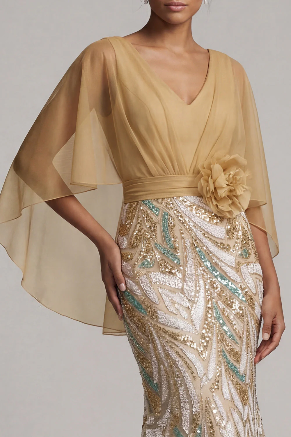 Sparkly Champagne Mermaid Sequin Long Mother Of the Bride Dress with Cape - Image 4