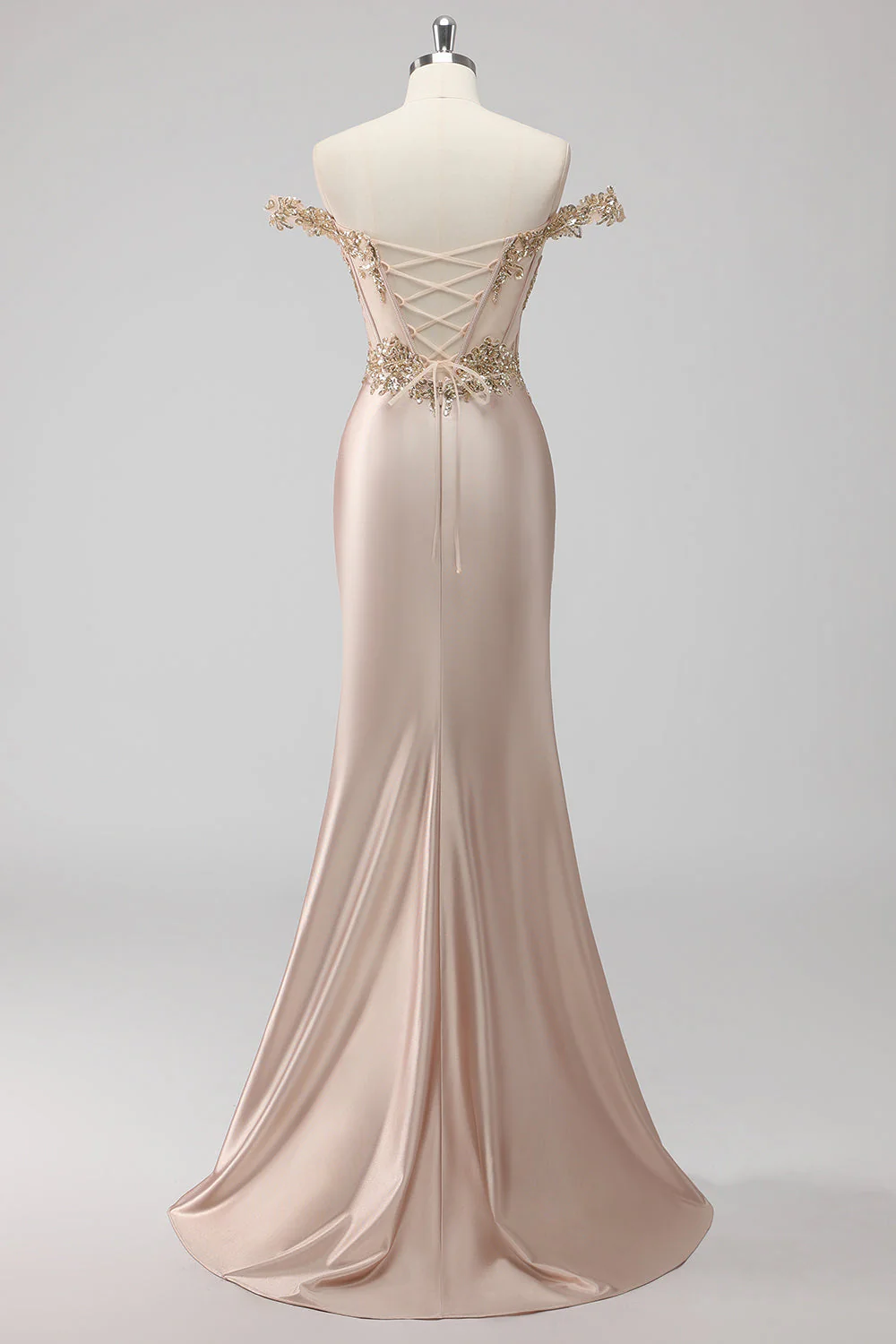 Sparkly Champagne Off the Shoulder Corset Appliqued Prom Dress with Slit - Image 2