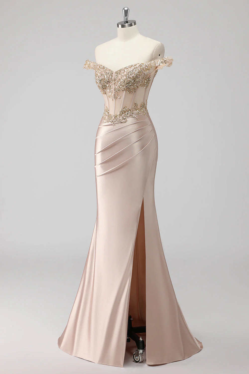 Sparkly Champagne Off the Shoulder Corset Appliqued Prom Dress with Slit - Image 3