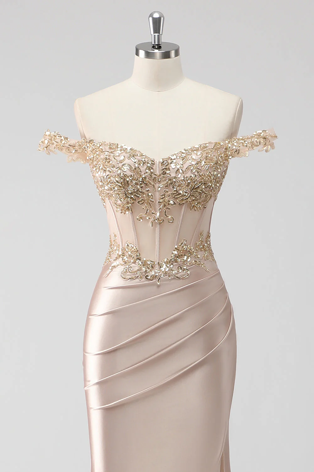 Sparkly Champagne Off the Shoulder Corset Appliqued Prom Dress with Slit - Image 4