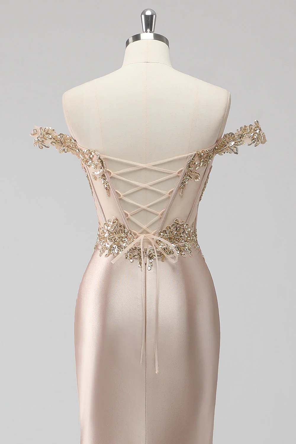 Sparkly Champagne Off the Shoulder Corset Appliqued Prom Dress with Slit - Image 5