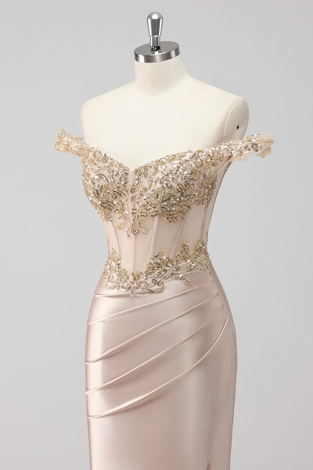 Sparkly Champagne Off the Shoulder Corset Appliqued Prom Dress with Slit - Image 6
