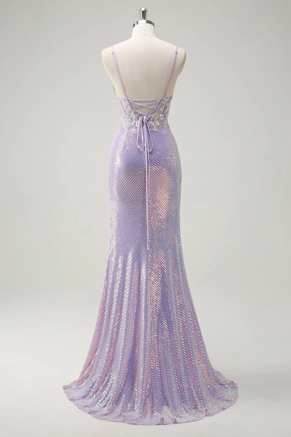 Sparkly Corset Lilac Mermaid Spaghetti Straps Prom Dress with Slit - Image 2