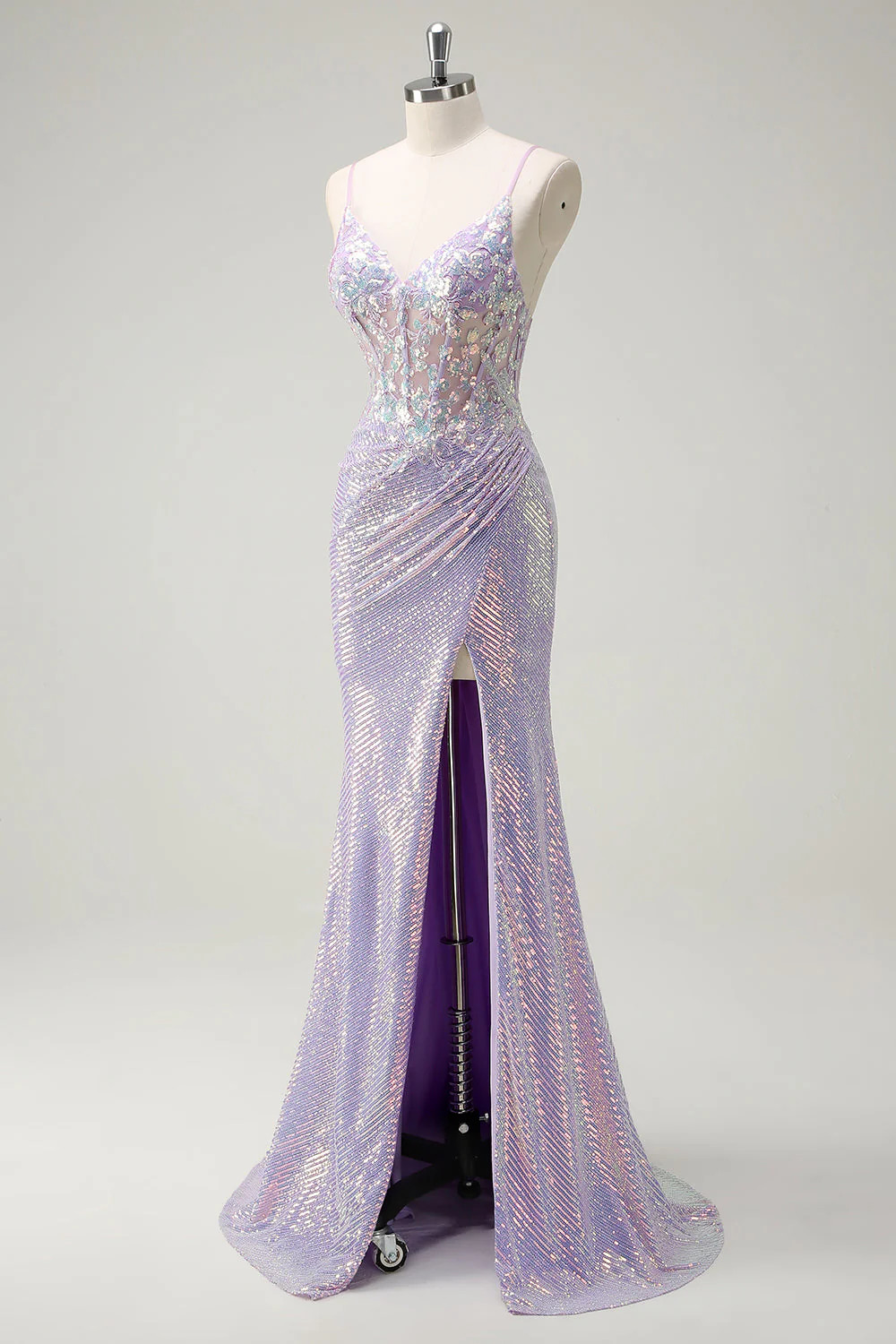 Sparkly Corset Lilac Mermaid Spaghetti Straps Prom Dress with Slit - Image 3