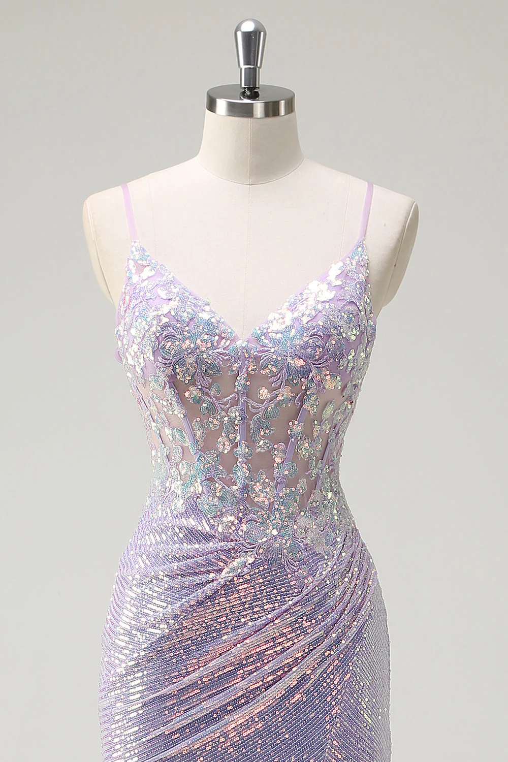 Sparkly Corset Lilac Mermaid Spaghetti Straps Prom Dress with Slit - Image 4