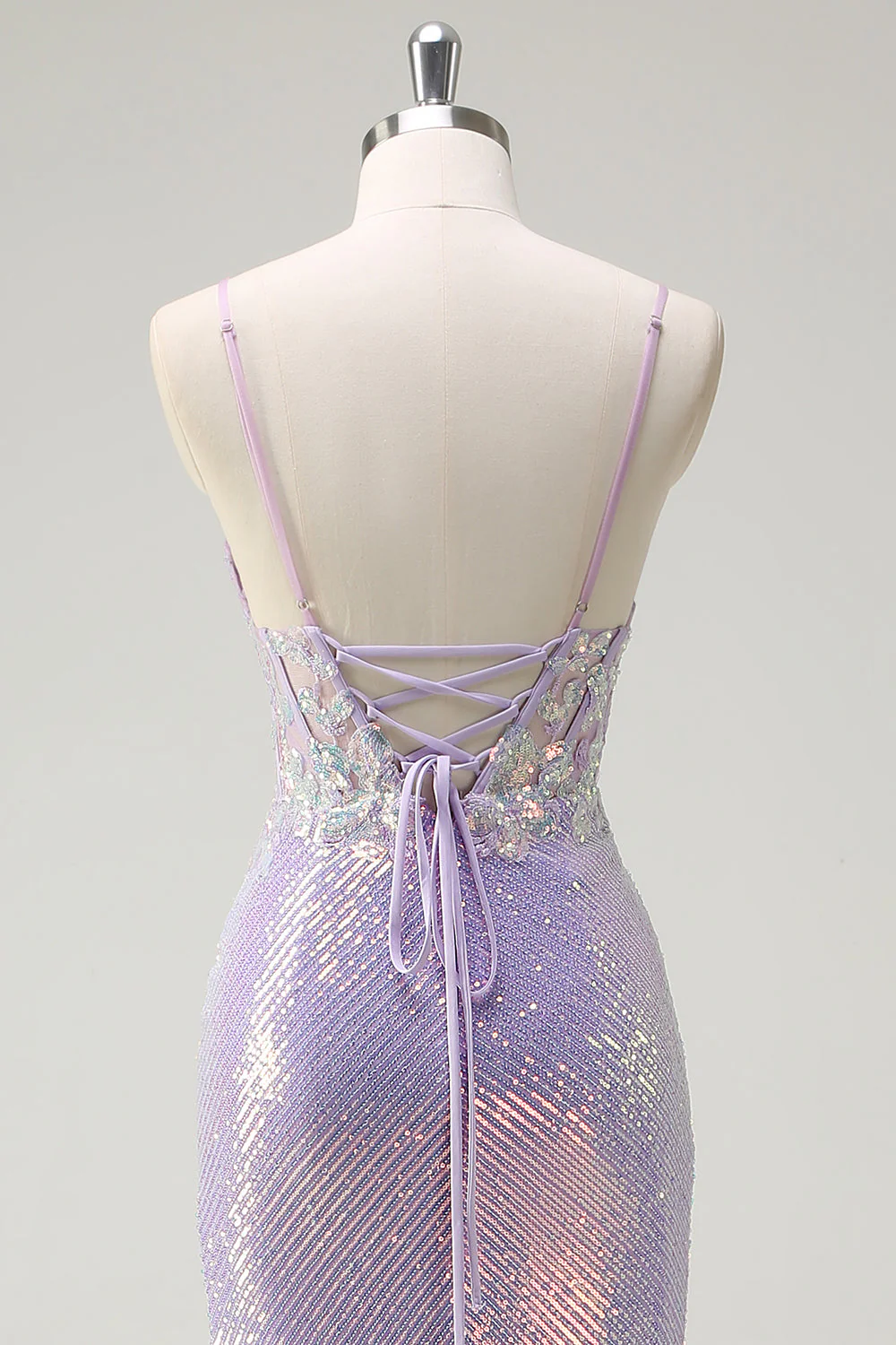Sparkly Corset Lilac Mermaid Spaghetti Straps Prom Dress with Slit - Image 5