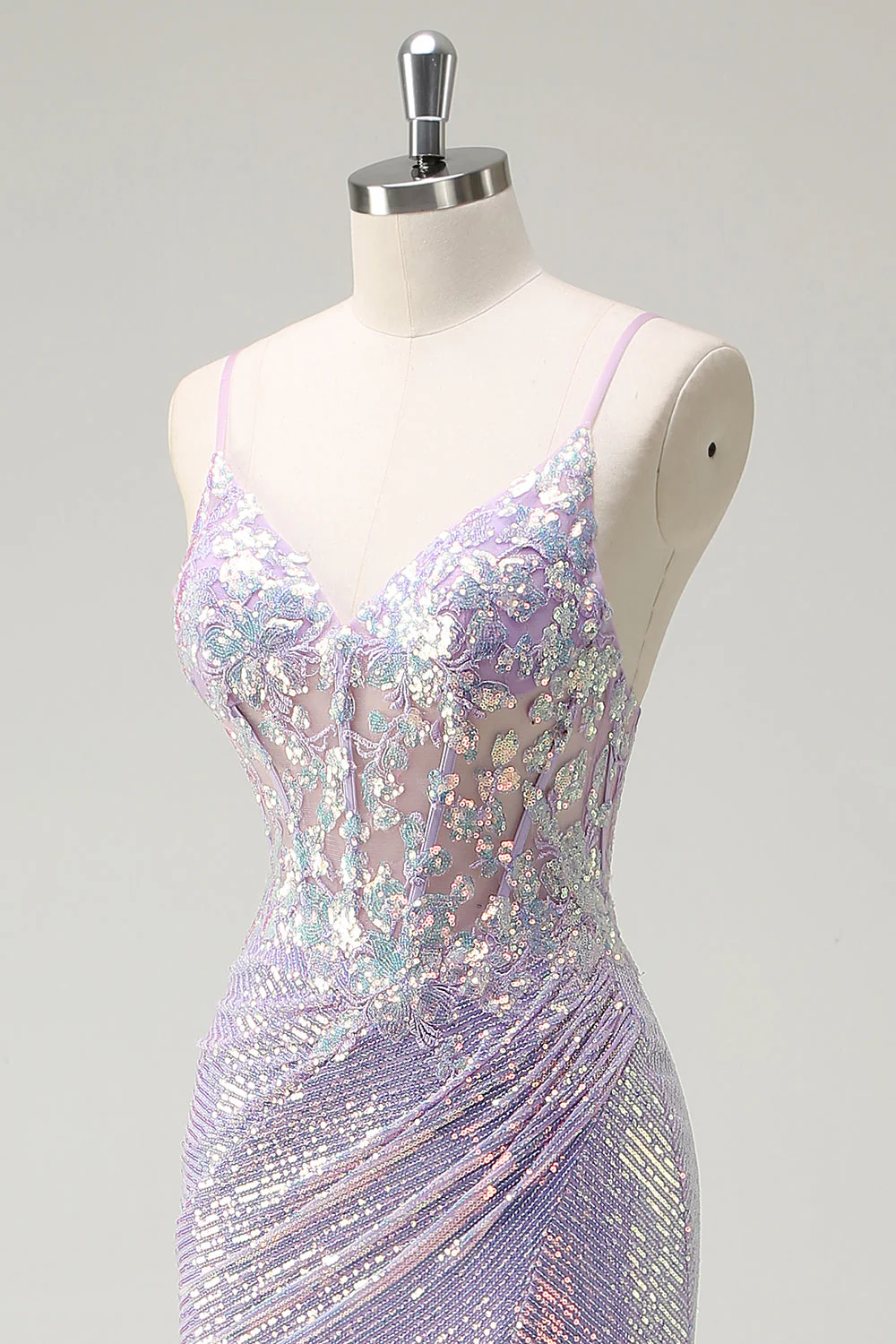 Sparkly Corset Lilac Mermaid Spaghetti Straps Prom Dress with Slit - Image 6