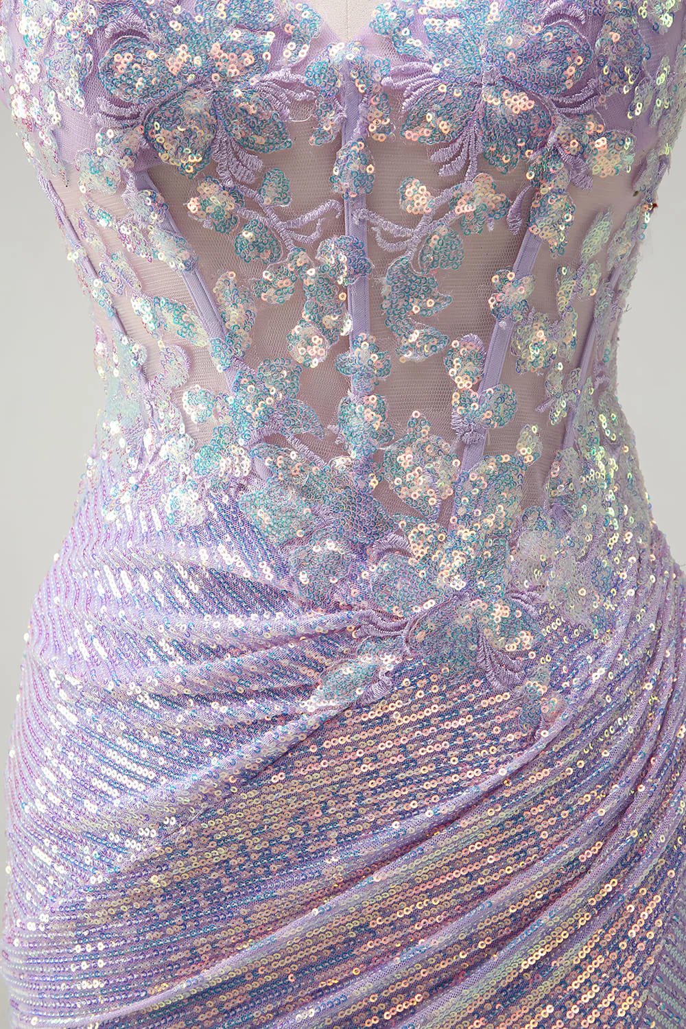 Sparkly Corset Lilac Mermaid Spaghetti Straps Prom Dress with Slit - Image 7