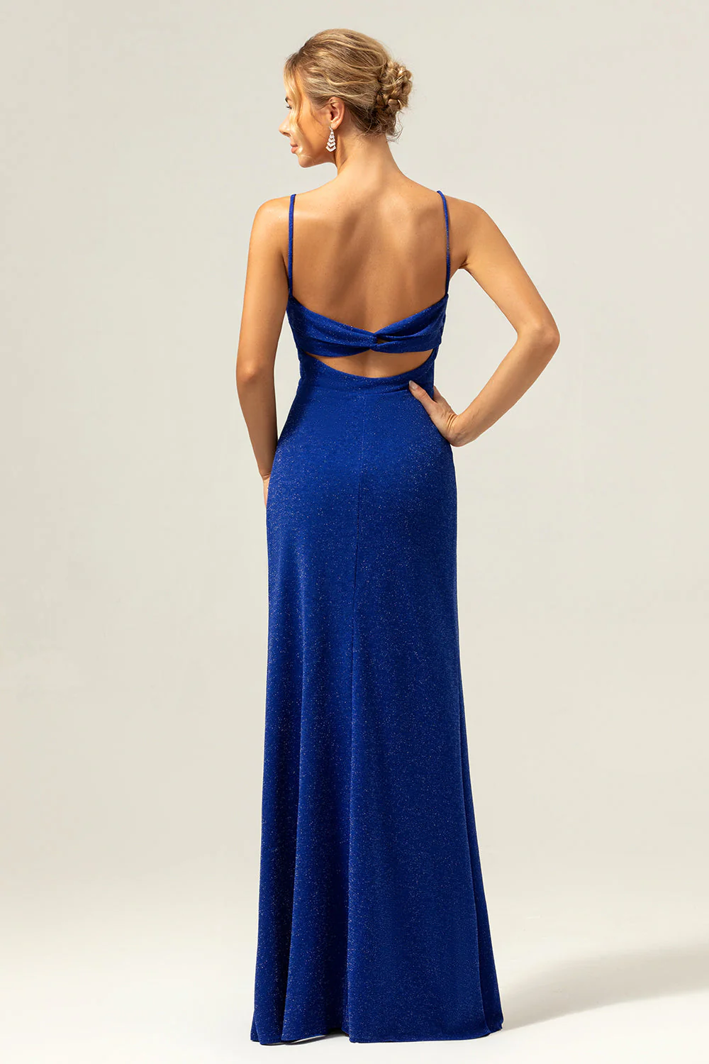Glitter Dark Blue Mermaid Twist Front Bridesmaid Dress with Slit - Image 2