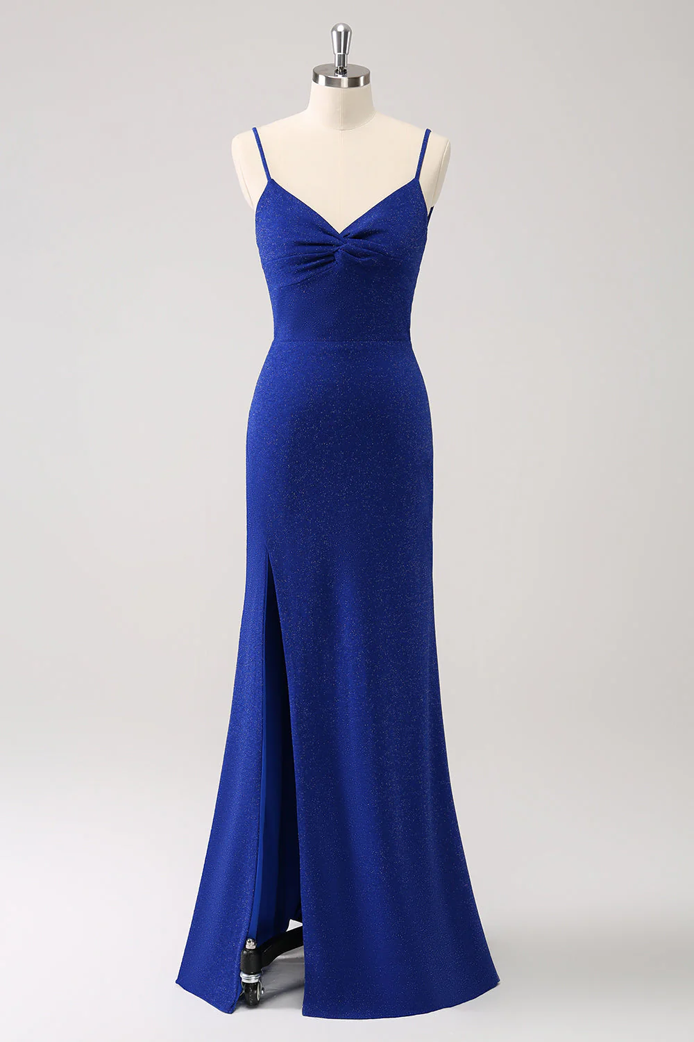Glitter Dark Blue Mermaid Twist Front Bridesmaid Dress with Slit - Image 3
