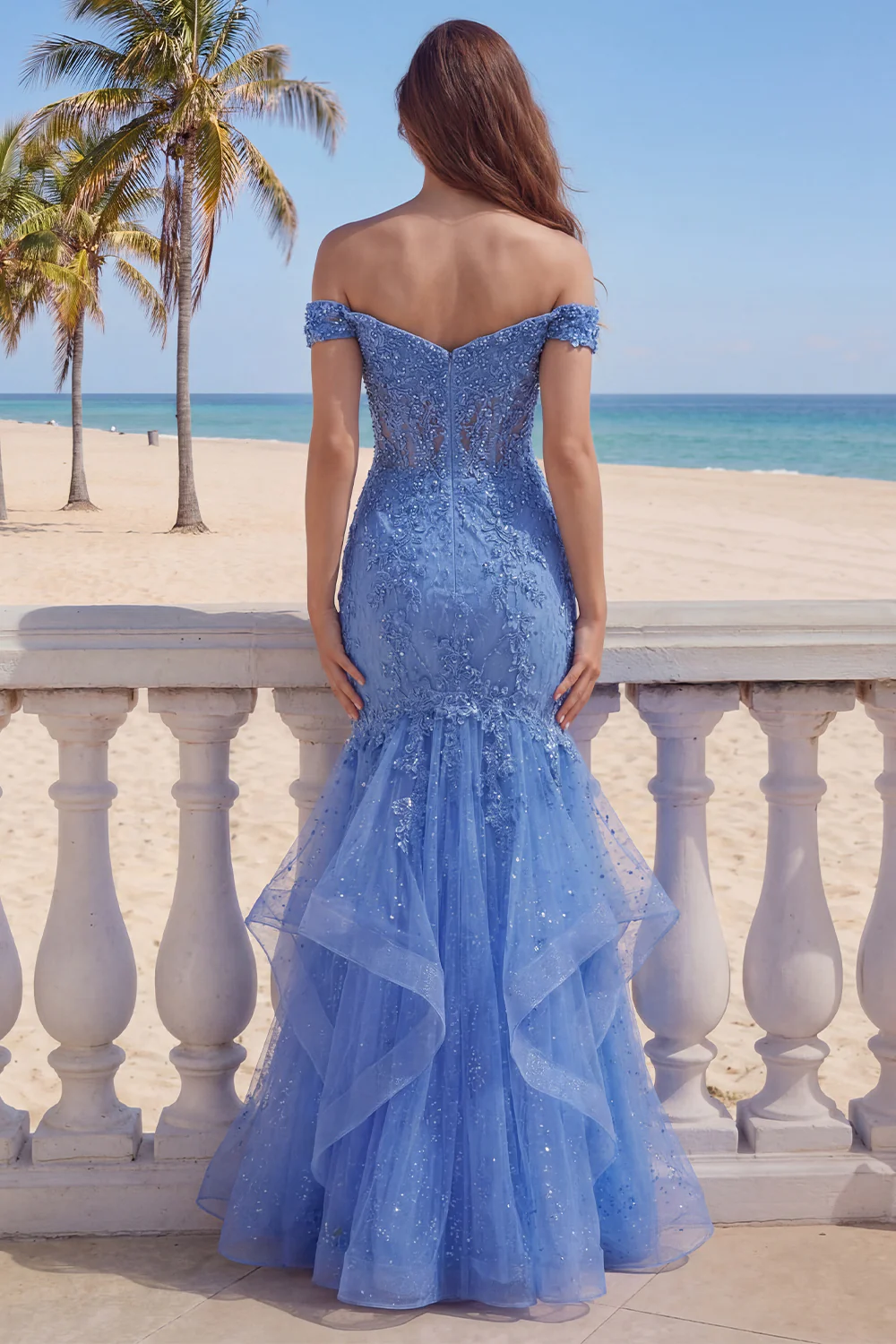 Sparkly Dark Blue Off The Shoulder Ruffled Mermaid Long Prom Dress - Image 2
