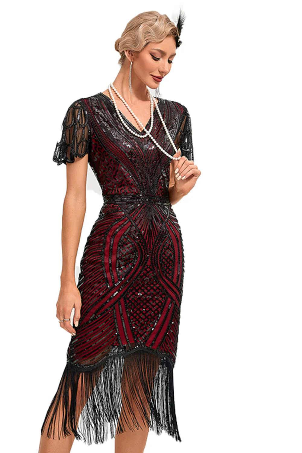 Sparkly Dark Green Beaded Fringed Cap Sleeves 1920s Gatsby Dress - Image 7
